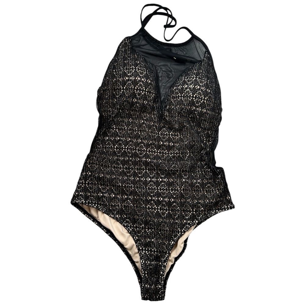 Cosita Linda Black Lace Illusion Mesh Halter scrunch Brazilian Swimsuit XL